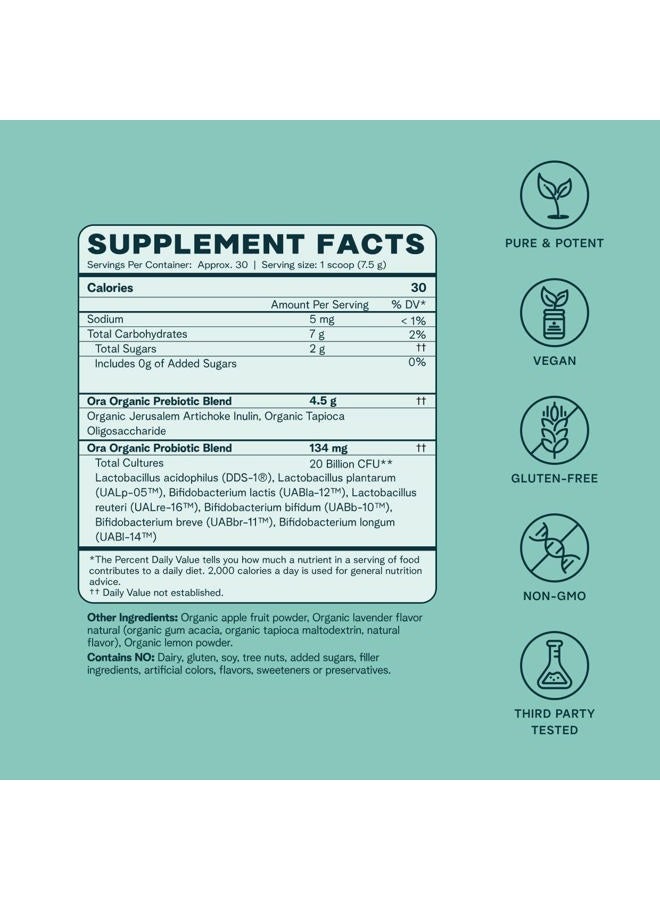 Ora Organic Prebiotic and Probiotic Powder Supplement - 20 Billion Probiotics, 7 Strains for Best Prebiotic Powder, Non-GMO, Probiotics for Women, Men & Kids - Lavender Lemonade Flavor, 30 Servings  - Image 2
