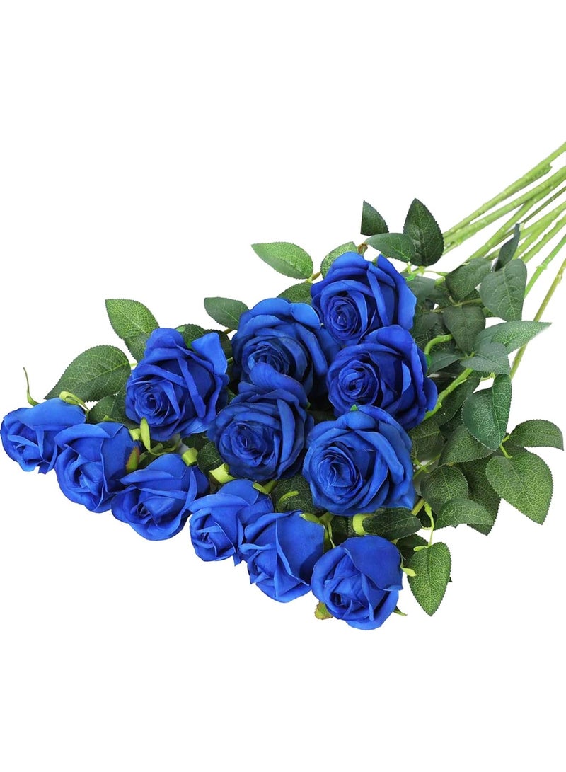 DUNISO 12PCS Artificial Silk Flowers, Bridal Wedding Bouquet, Realistic Roses Bouquet Long Stem for Home, Wedding Decoration, Party (Blue) - Image 1