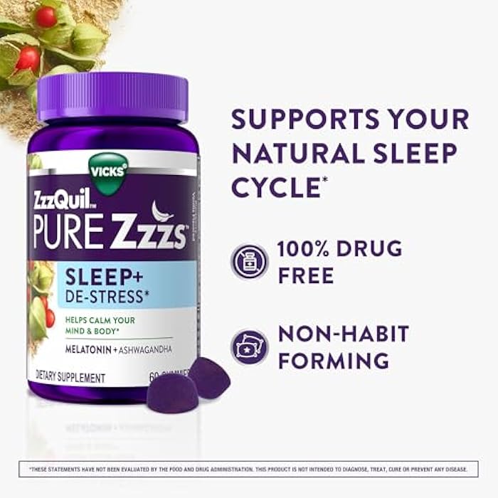 ZzzQuil PURE Zzzs De-Stress 2mg Melatonin Gummies, , Sleep Aids for Adults, Ashwagandha for Stress Support, 60 Gummies - Image 3