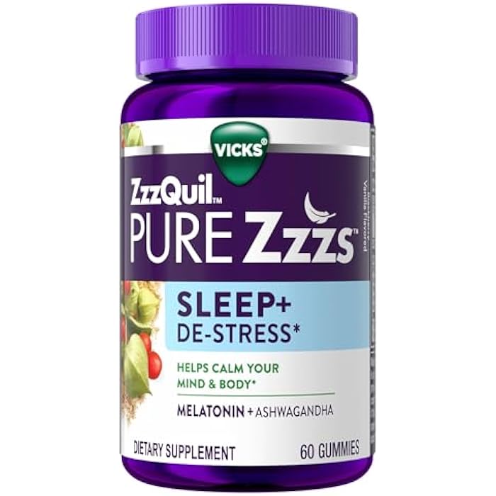 ZzzQuil PURE Zzzs De-Stress 2mg Melatonin Gummies, , Sleep Aids for Adults, Ashwagandha for Stress Support, 60 Gummies - Image 1