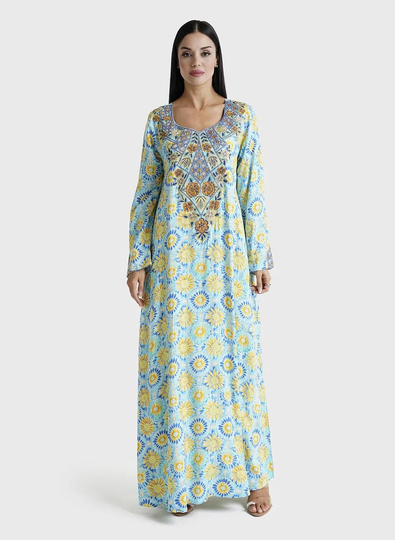 KASHKHA Blue Floral Printed Rayon Stone Work Jalabiya (VSG193)