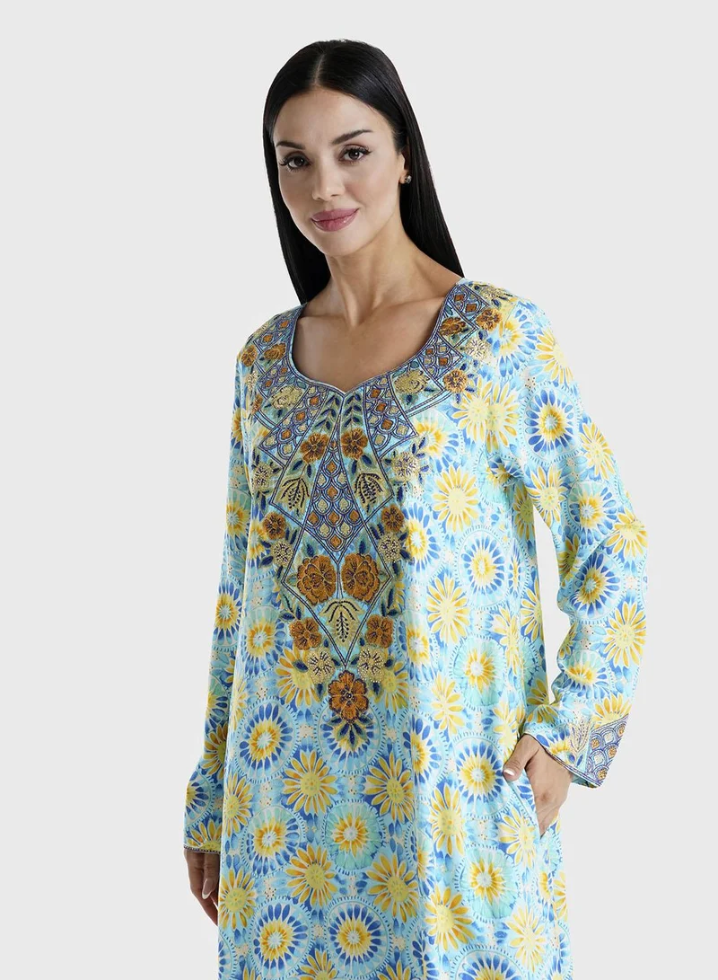 KASHKHA Blue Floral Printed Rayon Stone Work Jalabiya (VSG193)