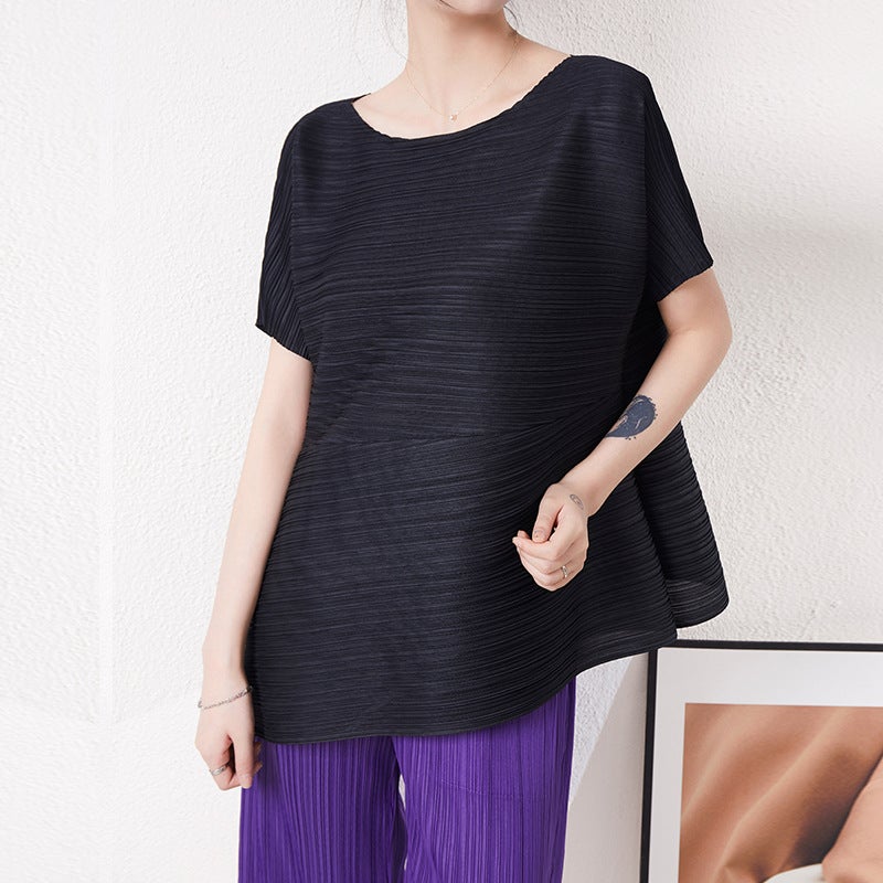 Miyake Top Pleated Short Top Design Sense Womens Niche Summer Asymmetrical Loose plus size Round Neck T-shirt Short Sleeve Red - Image 2