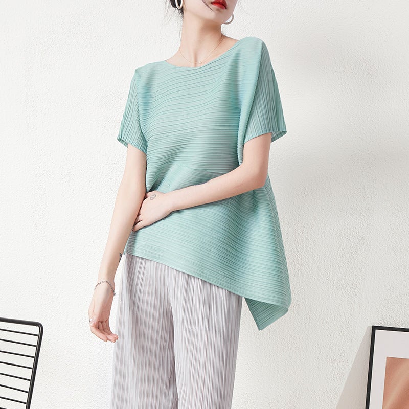 Miyake Top Pleated Short Top Design Sense Womens Niche Summer Asymmetrical Loose plus size Round Neck T-shirt Short Sleeve Red - Image 4