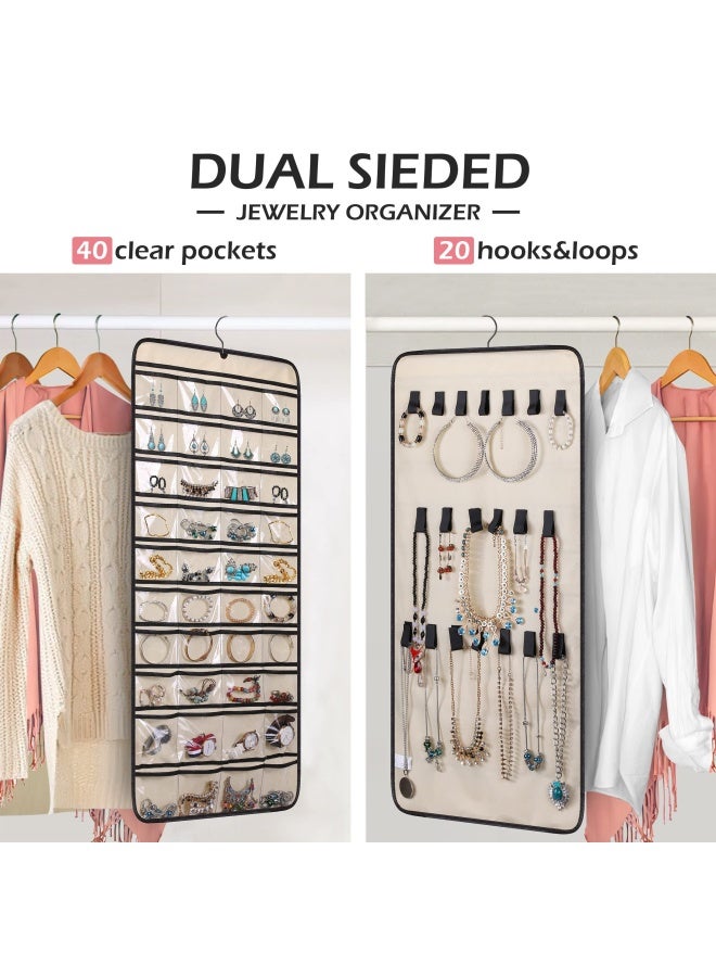MISSLO Dualsided Hanging Jewelry Organizer with 40 Pockets and 20 Hook Loops Closet Necklace Holder for Earring Bracelet Ring Chain with Rotating Hanger Beige - Image 2