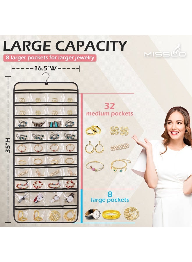 MISSLO Dualsided Hanging Jewelry Organizer with 40 Pockets and 20 Hook Loops Closet Necklace Holder for Earring Bracelet Ring Chain with Rotating Hanger Beige - Image 3