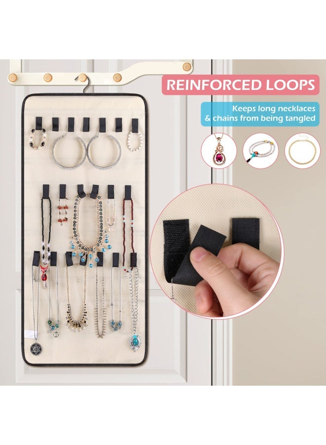MISSLO Dualsided Hanging Jewelry Organizer with 40 Pockets and 20 Hook Loops Closet Necklace Holder for Earring Bracelet Ring Chain with Rotating Hanger Beige - Image 4