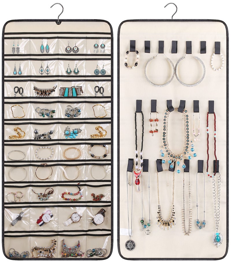 MISSLO Dualsided Hanging Jewelry Organizer with 40 Pockets and 20 Hook Loops Closet Necklace Holder for Earring Bracelet Ring Chain with Rotating Hanger Beige - Image 1
