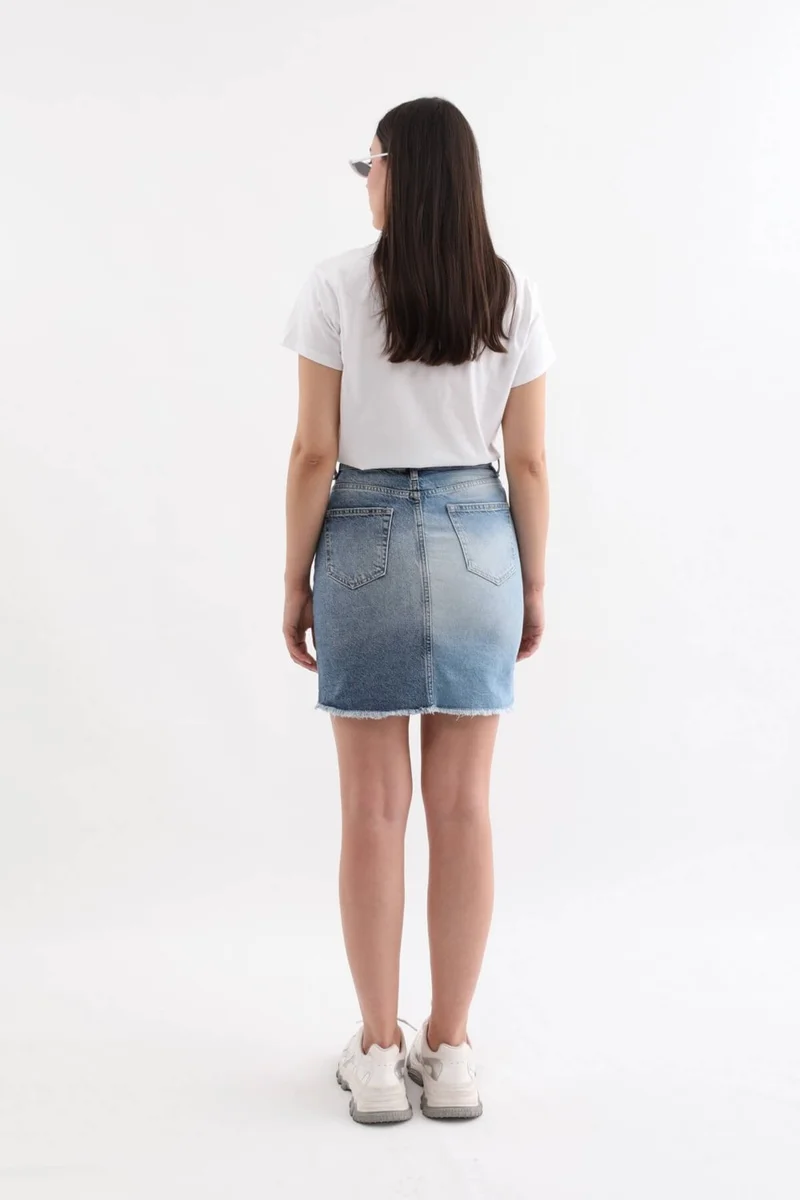 باني جينز Women's Blue Color Block Ripped Jean Skirt