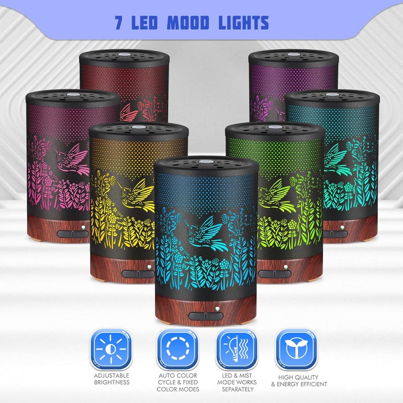 kobodon Metal Essential Oils Diffuser 150ML Aromatherapy Diffuser Cool Mist Humidifier with 7 Colors Lights Waterless Auto Off Air Diffusers as Gifts for Moms Women Girls (D-Hummingbird) - Image 2