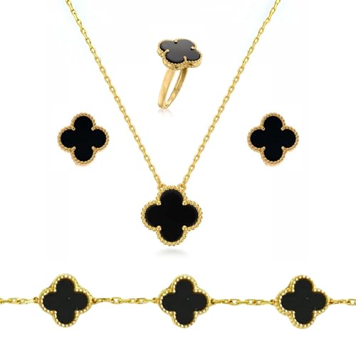 Salve Aesthetic Black Clover Earrings Ring Bracelet Pendant Set for Girls | Valentine's Gift for Girlfriend, Fashion Jewellery for Women Necklace Set for Girls | Combo Jewellery Set for Women Gift Pack - Image 1
