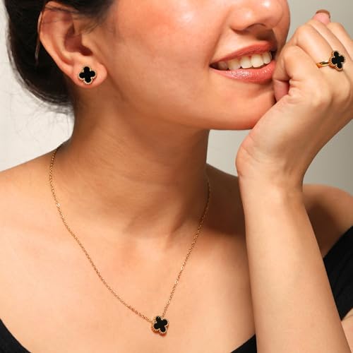 Salve Aesthetic Black Clover Earrings Ring Bracelet Pendant Set for Girls | Valentine's Gift for Girlfriend, Fashion Jewellery for Women Necklace Set for Girls | Combo Jewellery Set for Women Gift Pack - Image 4