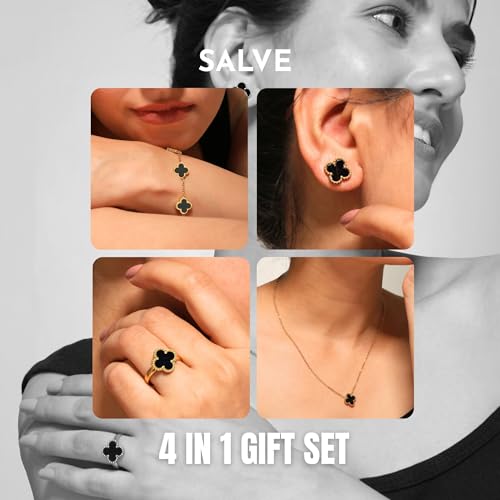 Salve Aesthetic Black Clover Earrings Ring Bracelet Pendant Set for Girls | Valentine's Gift for Girlfriend, Fashion Jewellery for Women Necklace Set for Girls | Combo Jewellery Set for Women Gift Pack - Image 3