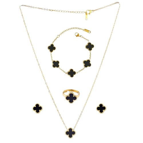 Salve Aesthetic Black Clover Earrings Ring Bracelet Pendant Set for Girls | Valentine's Gift for Girlfriend, Fashion Jewellery for Women Necklace Set for Girls | Combo Jewellery Set for Women Gift Pack - Image 2