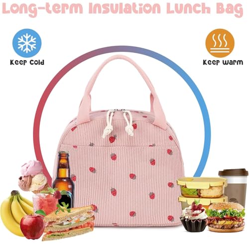 Bluboon Lunch Bag for Women Men Cute Corduroy Lunch Tote Bags Reusable Insulated Lunch Box Large Capacity Reusable Insulated Cooler for Work Picnic or Travel (Corduroy strawberry pink) - Image 4