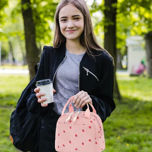 Bluboon Lunch Bag for Women Men Cute Corduroy Lunch Tote Bags Reusable Insulated Lunch Box Large Capacity Reusable Insulated Cooler for Work Picnic or Travel (Corduroy strawberry pink) - Image 5