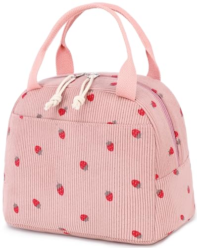 Bluboon Lunch Bag for Women Men Cute Corduroy Lunch Tote Bags Reusable Insulated Lunch Box Large Capacity Reusable Insulated Cooler for Work Picnic or Travel (Corduroy strawberry pink) - Image 1