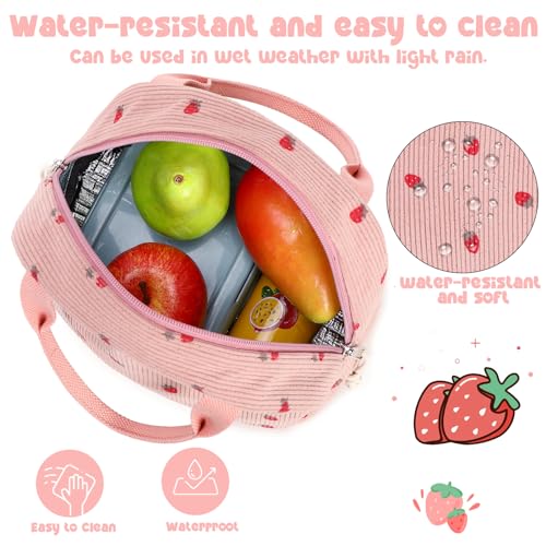 Bluboon Lunch Bag for Women Men Cute Corduroy Lunch Tote Bags Reusable Insulated Lunch Box Large Capacity Reusable Insulated Cooler for Work Picnic or Travel (Corduroy strawberry pink) - Image 3