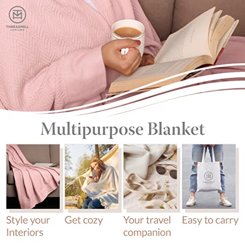 Threadmill Luxury Cotton Blankets for King Size Bed | All-Season Cozy 100% Cotton King Size Blanket | Herringbone Soft Fall Thermal Blanket fits Cal King Size Bed | English Rose - Image 3