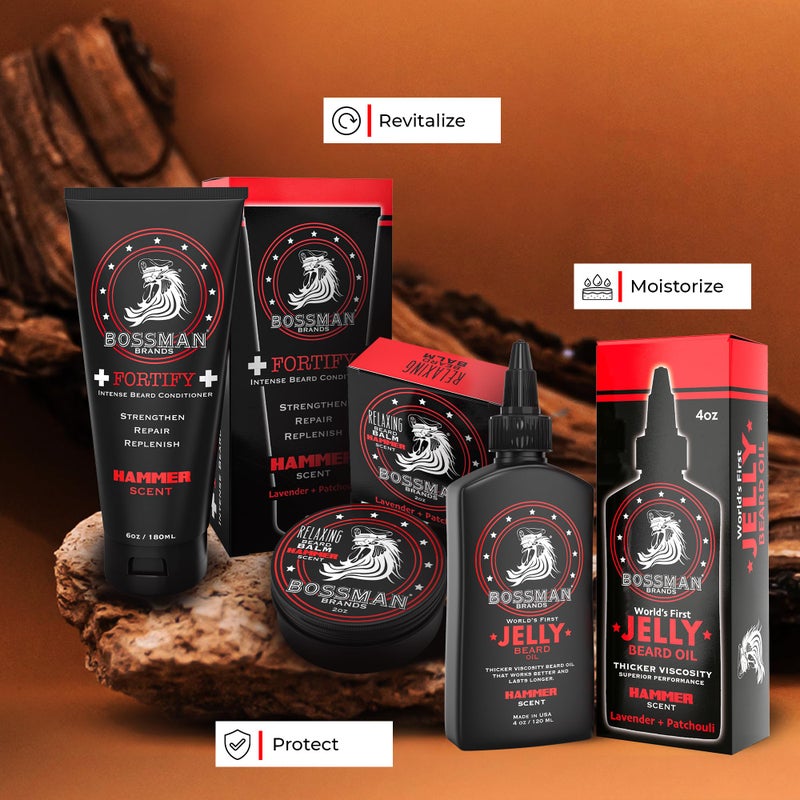 Bossman Essentials Beard Kit for Men, Set of 3 - Beard Oil Jelly, Fortifying Conditioner Cream, Beard Balm - Grooming Growth Care Accessories - Gift Set for Men (Hammer) - Image 3