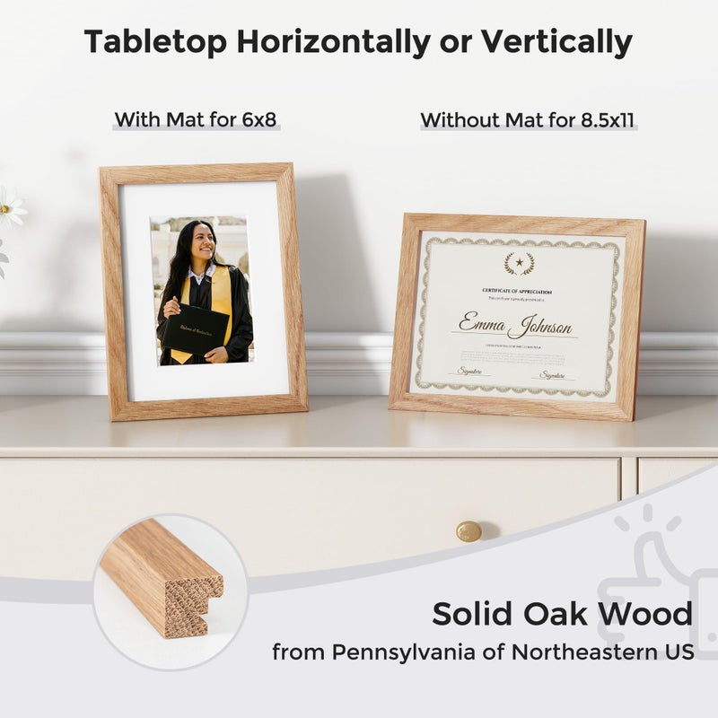 Axeman Diploma Frame For 8.5x11 Certificate Document | Solid Oak Wood 8.5 By 11 Picture With Mat For 6x8 | 8 1/2 x 11 Certificate Frame | Plexiglass And Hanging Hardware Included | Natural - Image 2