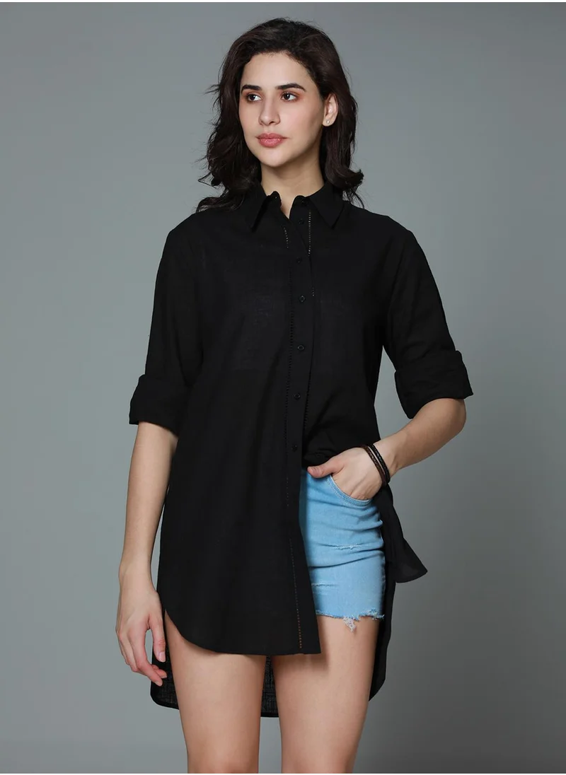 HIGH STAR Women's Black Rayon Solid Pattern Button Down Oversized Shirt