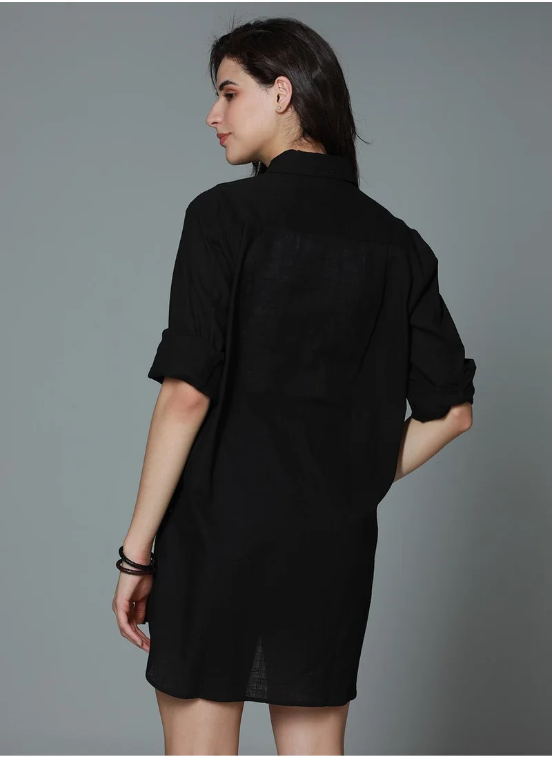 HIGH STAR Women's Black Rayon Solid Pattern Button Down Oversized Shirt
