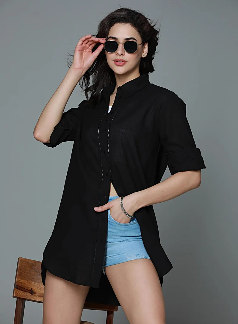 هاي ستار Women's Black Rayon Solid Pattern Button Down Oversized Shirt