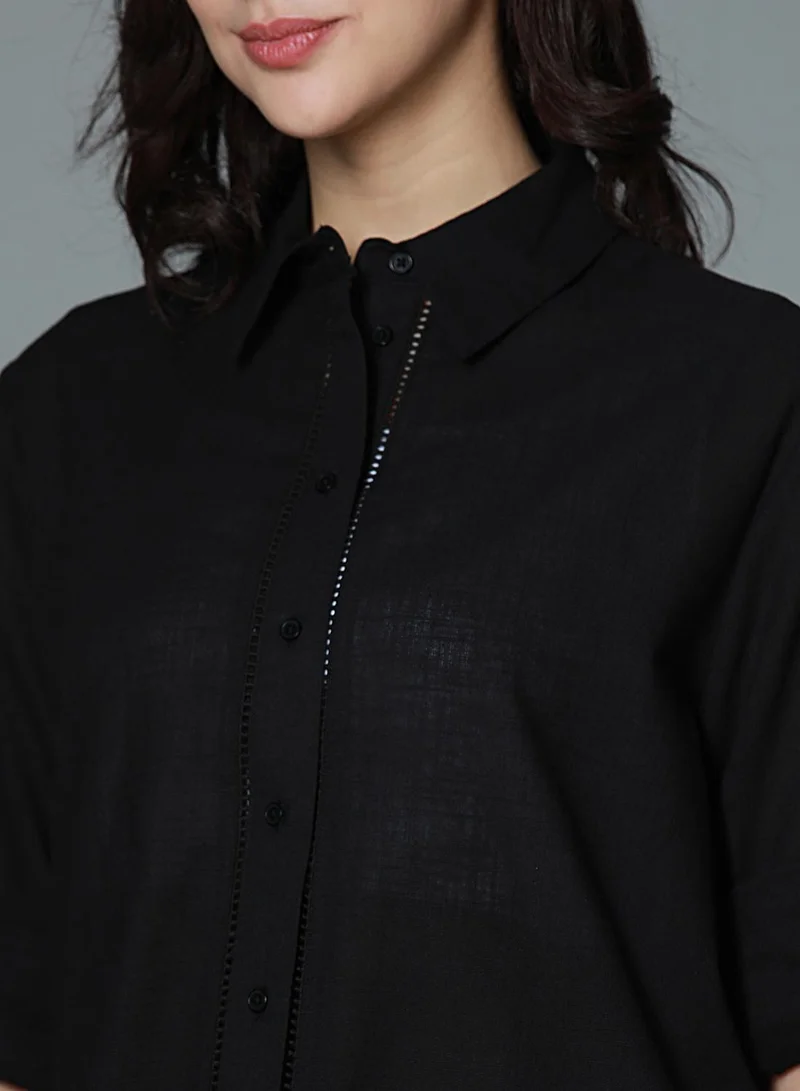 هاي ستار Women's Black Rayon Solid Pattern Button Down Oversized Shirt