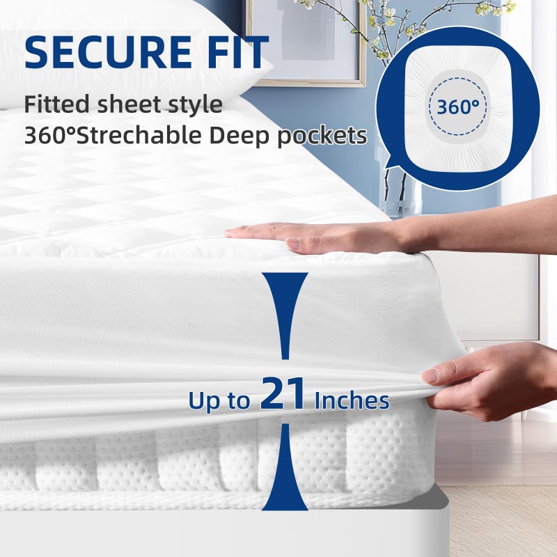 MEELUS Padded Twin Mattress Protector, Breathable Waterproof Mattress Pad Cover Fitted Deep Pocket 8"-21", Soft Noiseless Mattress Cover Washable Cooling for Home Dorm Bedroom, White - Image 5