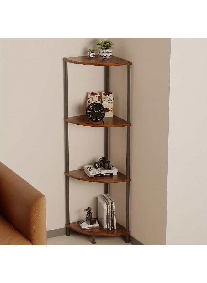 Cozara 4Tier Corner Shelf Stand Industrial Corner Bookshelf With Metal Frame Plant Corner Display Shelf Corner Bookcase For Bedroom Living Room Rustic Brown - Image 2