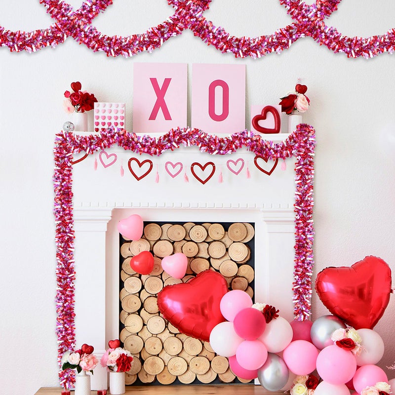 HALOGATE 50Ft Valentine's Day Decorations, Valentines Tinsel Garland Red Pink Silver Shiny Metallic Garland for Home Tree Mantel Fireplace Stairs Outdoor Indoor Galentine's Day Decorations - Image 3