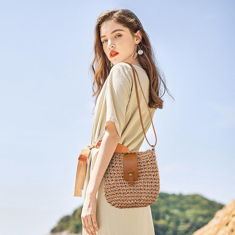 Bototack Small Straw Crossbody Bag for Women Boho Handmade Woven Summer Beach Bag Handbags Shoulder Purse for Vacation (Khaki) - Image 3