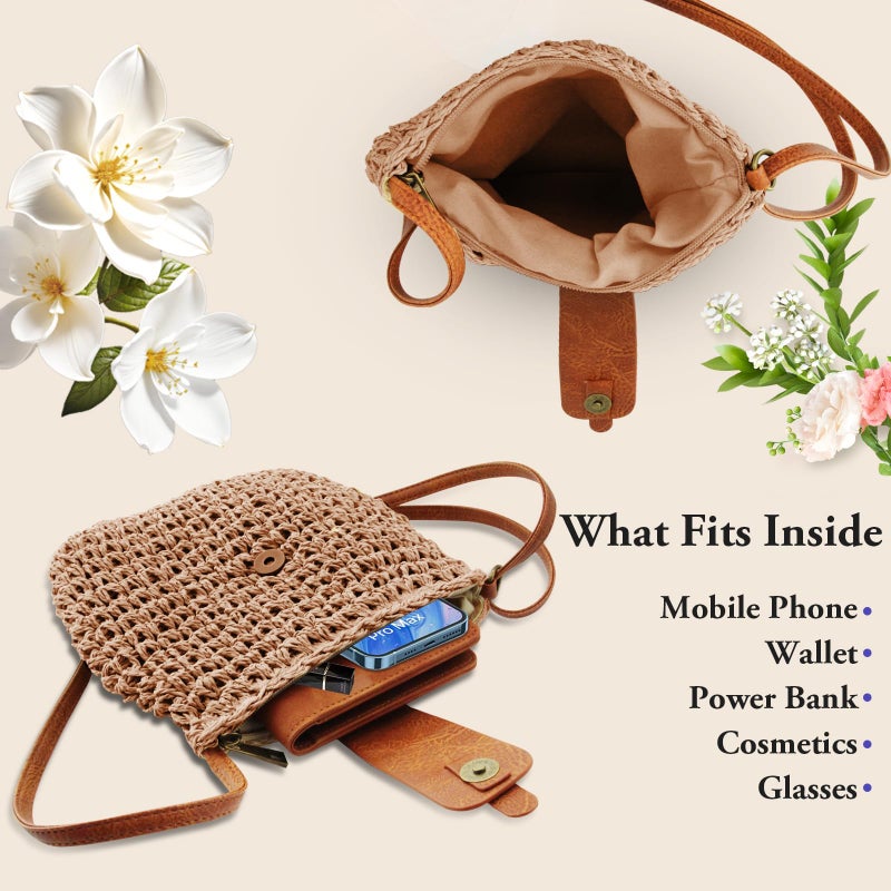 Bototack Small Straw Crossbody Bag for Women Boho Handmade Woven Summer Beach Bag Handbags Shoulder Purse for Vacation (Khaki) - Image 4