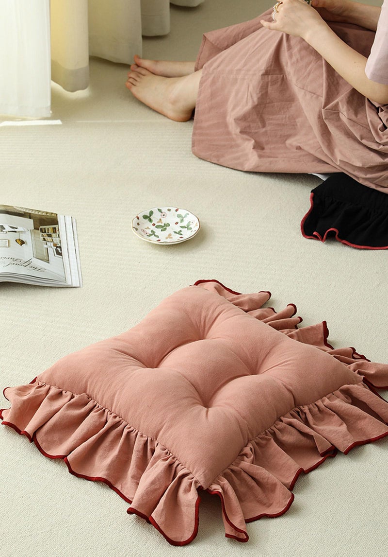 Huierxun Cotton Ruffles Chair Cushion for Dining Chairs Soft Comfortable Chair Pads with Ties Farmhouse Country Seat Cushion for Kitchen Chairs Office Chairs (Pink,16"x16") - Image 2