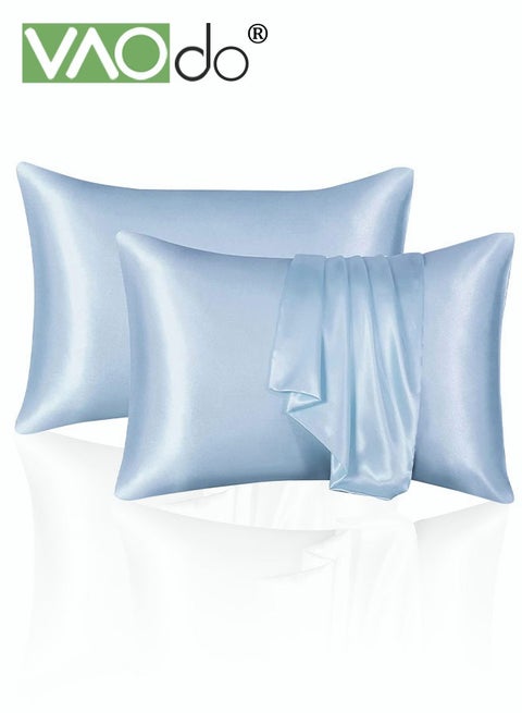 2PCS Satin Pillowcase Set Soft Breathable Skin and Hair Friendly Pillow Cover 51*102CM Blue