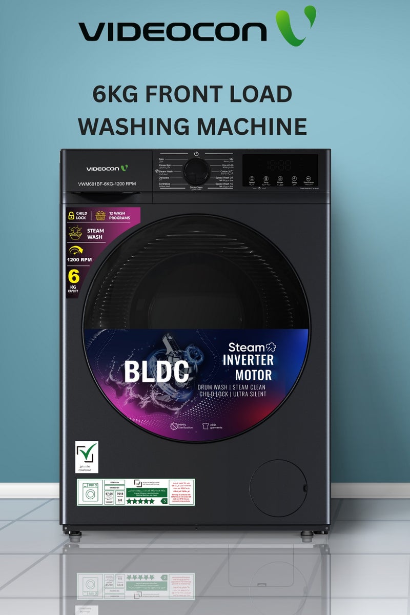 Videocon 6Kg Front Load Washing Machine, BLDC Inverter Motor, 12 Wash Programs, 1200 RPM, Steam Wash, Ultra Silent, Child Lock – Energy Efficient & Gentle Fabric Care - VWM601BF - Image 1