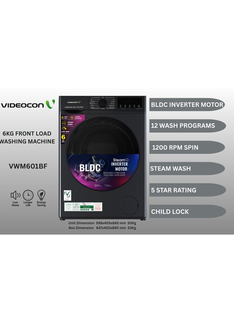 Videocon 6Kg Front Load Washing Machine, BLDC Inverter Motor, 12 Wash Programs, 1200 RPM, Steam Wash, Ultra Silent, Child Lock – Energy Efficient & Gentle Fabric Care - VWM601BF - Image 2