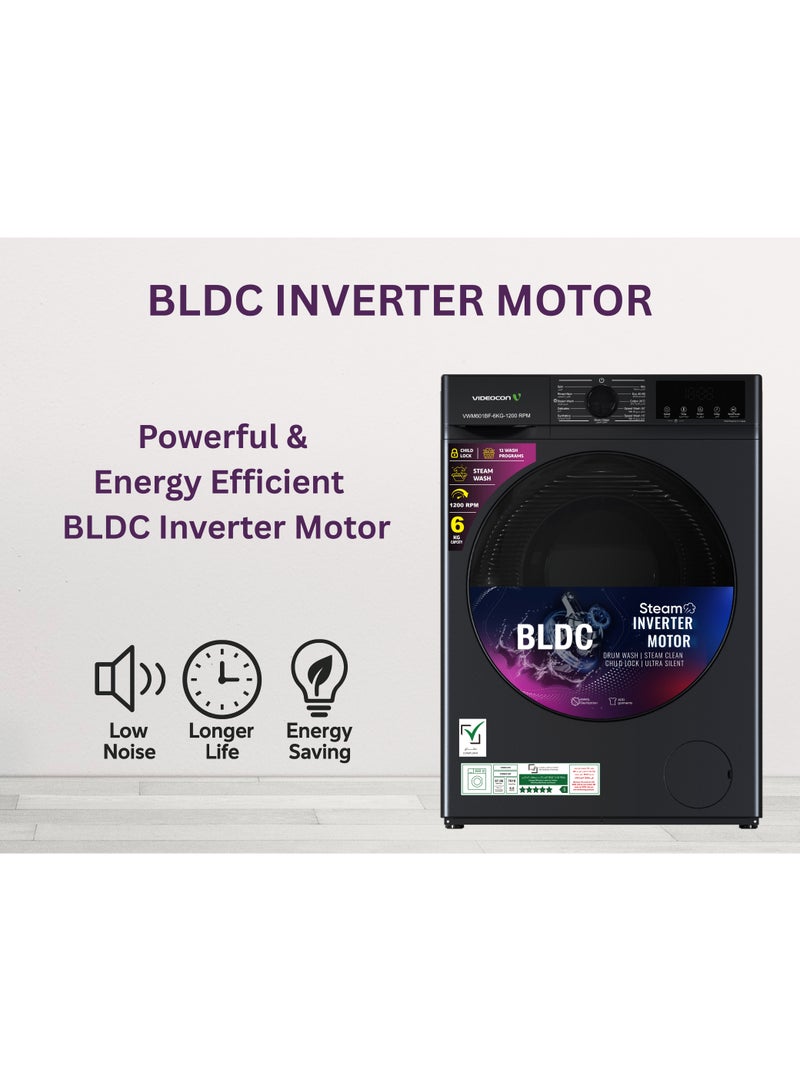 Videocon 6Kg Front Load Washing Machine, BLDC Inverter Motor, 12 Wash Programs, 1200 RPM, Steam Wash, Ultra Silent, Child Lock – Energy Efficient & Gentle Fabric Care - VWM601BF - Image 3