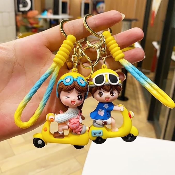 AEROSTARK Valentine Gifts for girlfriend Cartoon Keychain for Girls Boys, Cute Keychains Accessories Keyring Key Car Charms for Kids Gifts (Scooty Girl & Boy Combo of 2 (White & Blue)) - Image 2