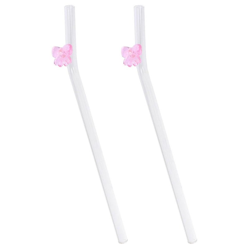 SUPVOX 2 Pink Butterfly Glass Straws Shatterproof Reusable for Juice - Image 2