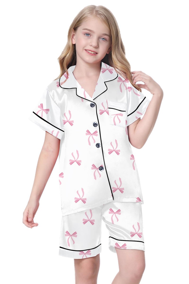 Schbbbta Satin Pajamas for Girls, 2 Pcs Silk Pjs Set Button Down Short Sleeve Sleepwear Comfy Loungewear Outfit for Kids, Pink Bow White, 11-12 Years = Tag 160 - Image 4