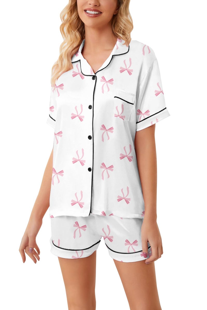Schbbbta Satin Pajamas for Girls, 2 Pcs Silk Pjs Set Button Down Short Sleeve Sleepwear Comfy Loungewear Outfit for Kids, Pink Bow White, 11-12 Years = Tag 160 - Image 5