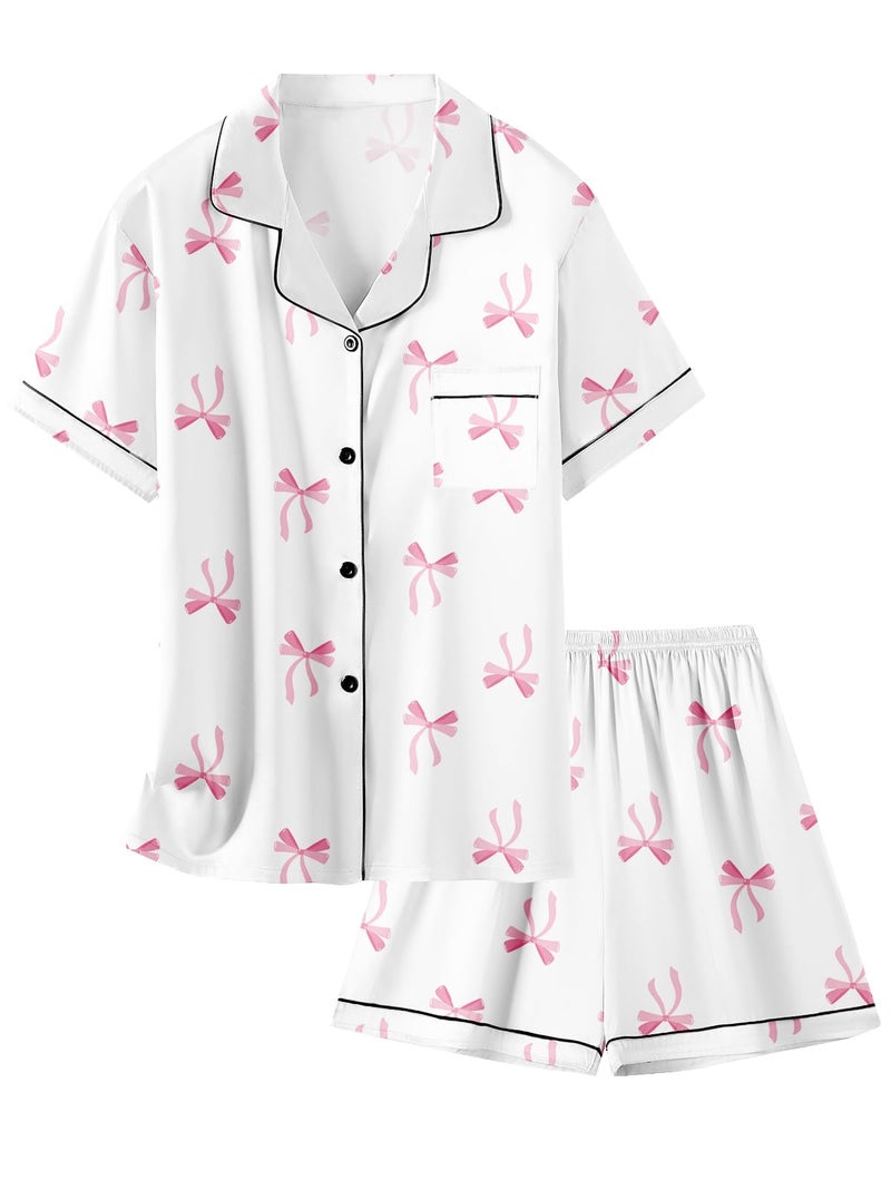 Schbbbta Satin Pajamas for Girls, 2 Pcs Silk Pjs Set Button Down Short Sleeve Sleepwear Comfy Loungewear Outfit for Kids, Pink Bow White, 11-12 Years = Tag 160 - Image 1