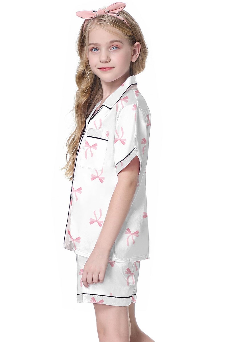 Schbbbta Satin Pajamas for Girls, 2 Pcs Silk Pjs Set Button Down Short Sleeve Sleepwear Comfy Loungewear Outfit for Kids, Pink Bow White, 11-12 Years = Tag 160 - Image 3