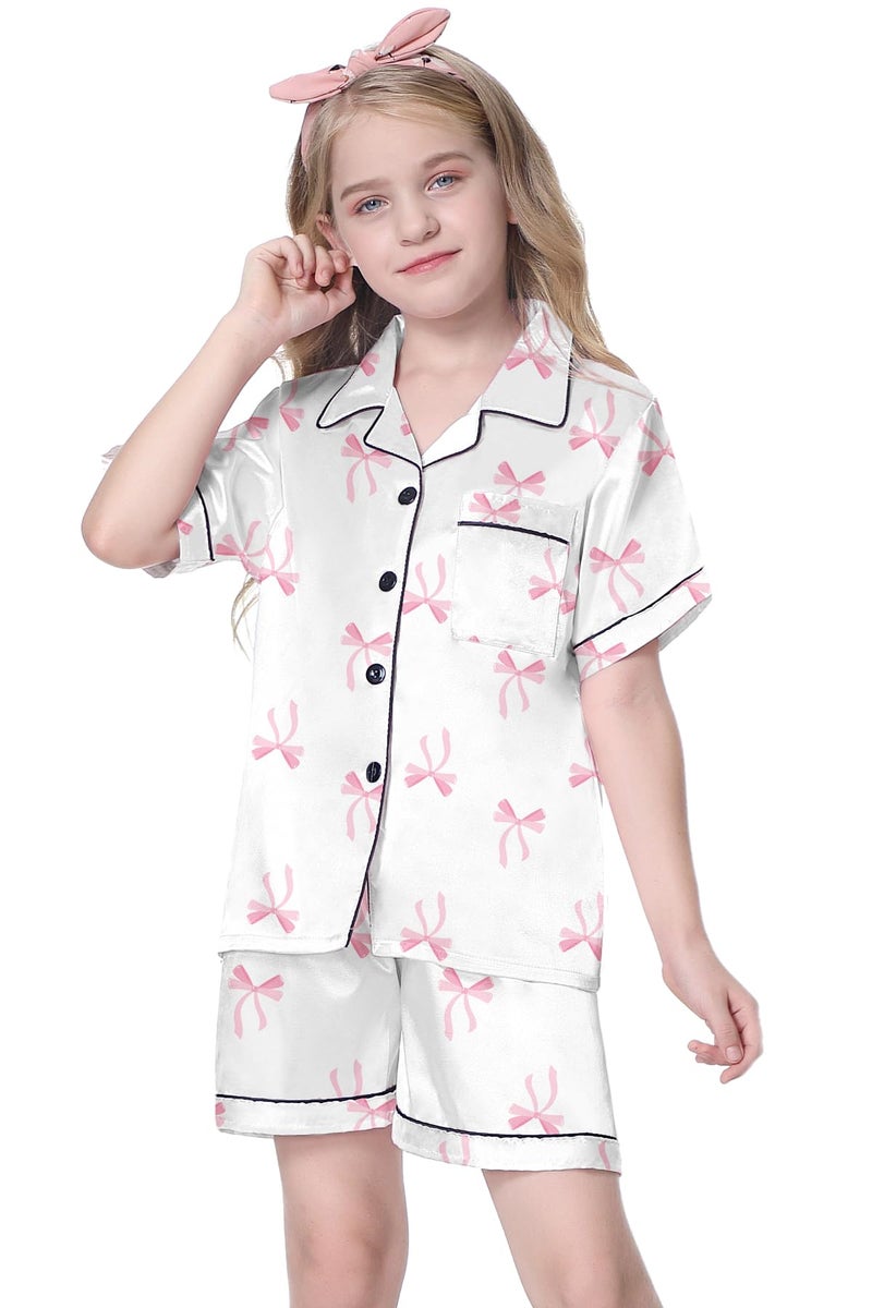 Schbbbta Satin Pajamas for Girls, 2 Pcs Silk Pjs Set Button Down Short Sleeve Sleepwear Comfy Loungewear Outfit for Kids, Pink Bow White, 11-12 Years = Tag 160 - Image 2