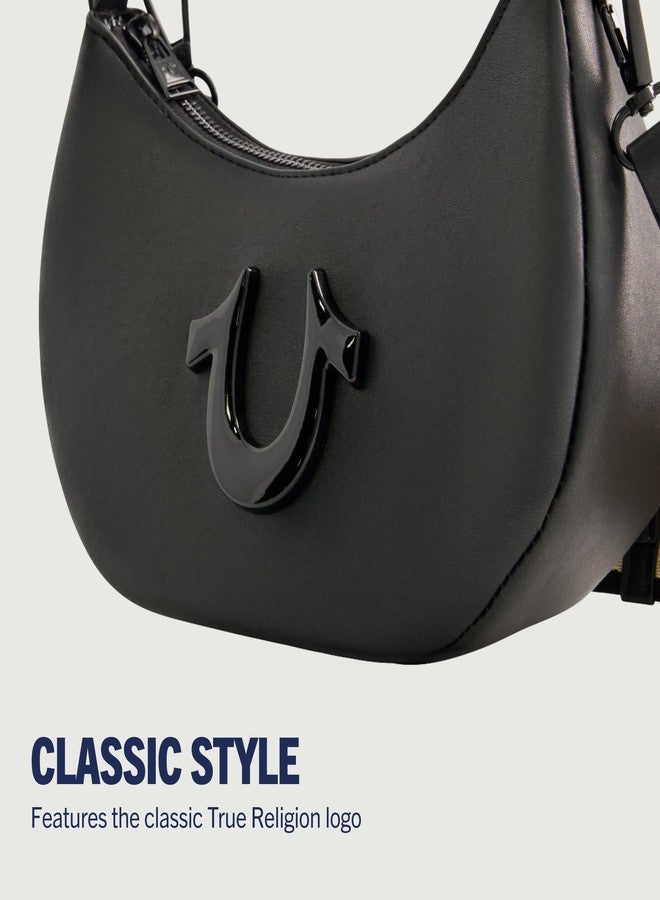 True Religion Women's Shoulder Bag Purse, Crescent Hobo Handbag with Adjustable Removable Strap and Horseshoe Logo, Black - Image 3