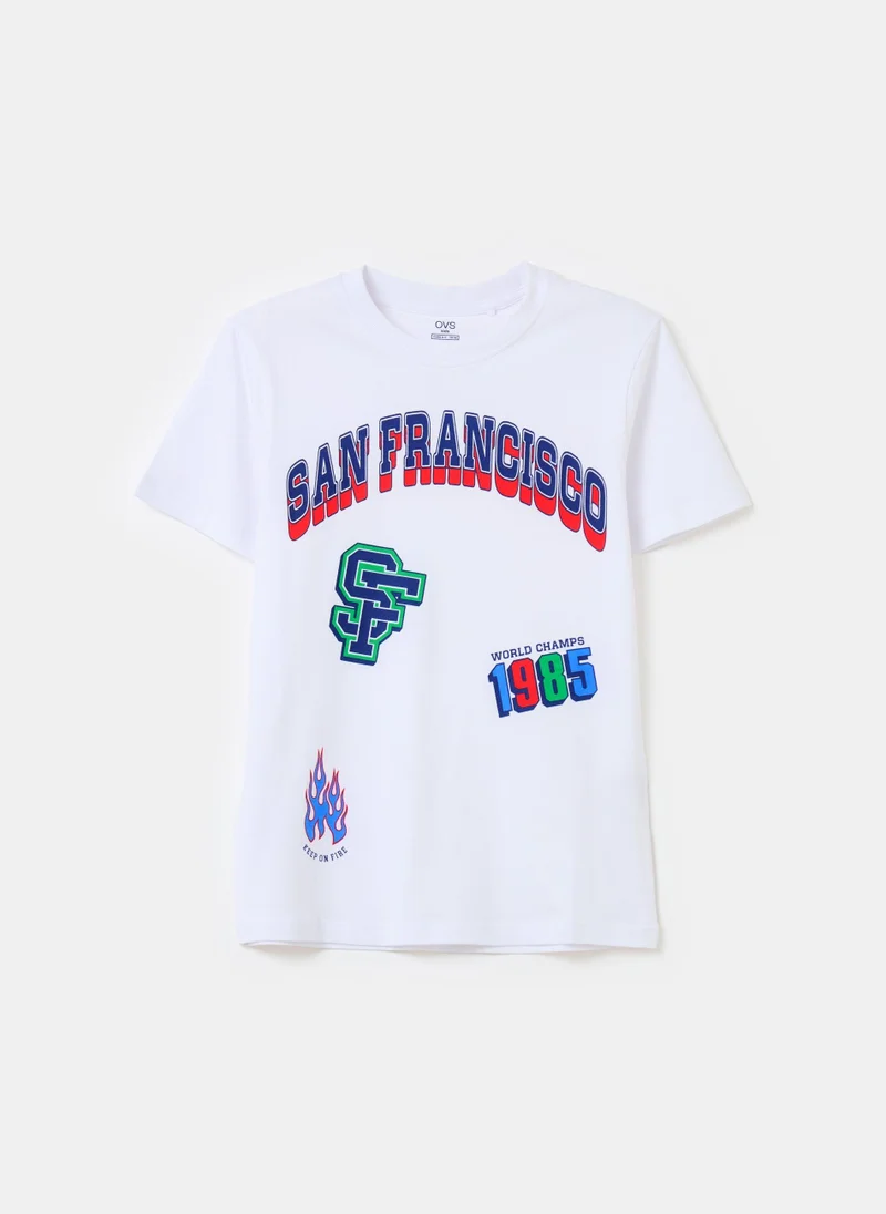 او في اس Cotton T-Shirt With Lettering Print