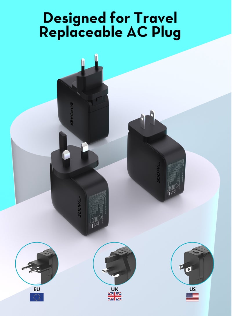 RAVPower 200W Multi-Port Travel Charger with USB Port and 3 Type-C Ports - Black - Image 3