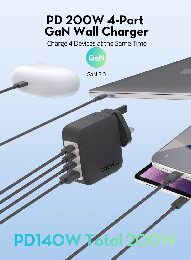 RAVPower 200W Multi-Port Travel Charger with USB Port and 3 Type-C Ports - Black - Image 5